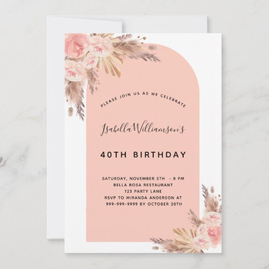 Birthday blush roze pampas roos Gold Kaart (Voorkant)