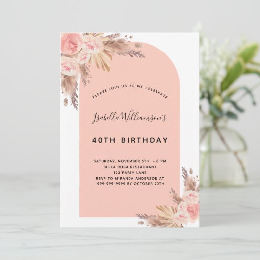 Birthday blush roze pampas roos Gold Kaart (Staand voorkant)