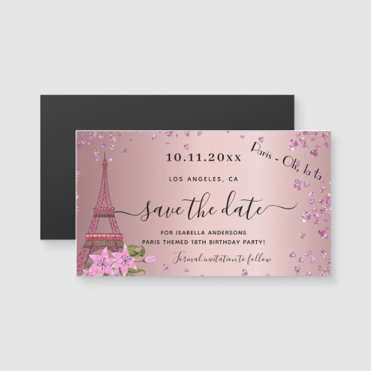Birthday blush roze paris save the date magnet (Voorkant / Achterkant)