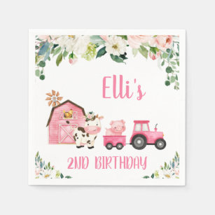Birthday Boerderij met roze Floral Barn Tractor Servet