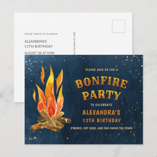 Birthday Bonfire Party Waterverf Uitnodiging Briefkaart (Voorkant / Achterkant)