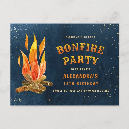 Birthday Bonfire Party Waterverf Uitnodiging Briefkaart (Voorkant)