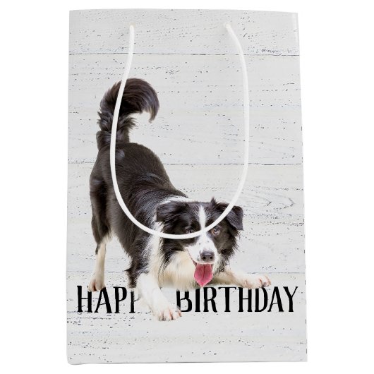 Birthday Border Collie on Wood Medium Cadeauzakje (Voorkant)