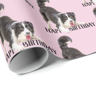 Birthday Border Collie op Roze Cadeaupapier
