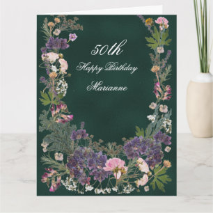 Birthday Botanical Floral on Moody Forest Green Kaart