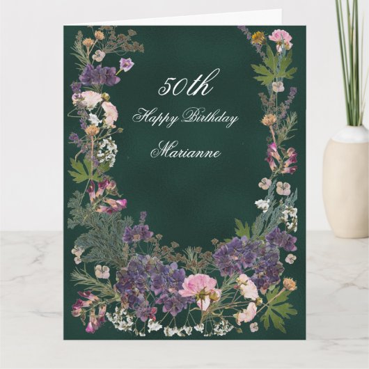 Birthday Botanical Floral on Moody Forest Green Kaart (Voorkant)