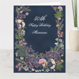 Birthday Botanical Floral op Moody Navy Blue Kaart