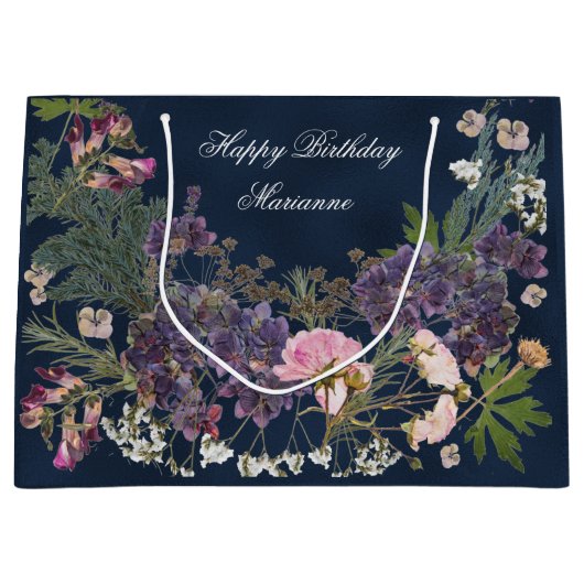 Birthday Botanische Floral op Donkere marineblauw Groot Cadeauzakje (Voorkant)