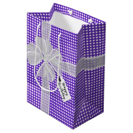 Birthday Bow op Gingham Medium Cadeauzakje (Voorkant Gekanteld)