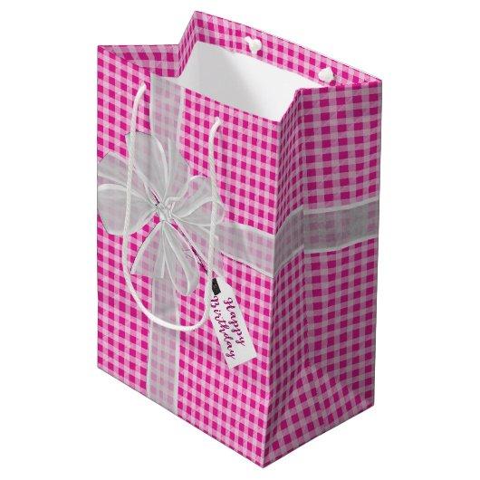 Birthday Bow op Gingham Medium Cadeauzakje (Voorkant Gekanteld)