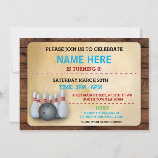 Birthday Bowling Invite Party Invitation Wood Kaart (Voorkant)