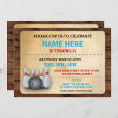Birthday Bowling Invite Party Invitation Wood Kaart (Voorkant / Achterkant)