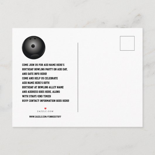 Birthday Bowling Party Briefkaart Uitnodiging (Achterkant)