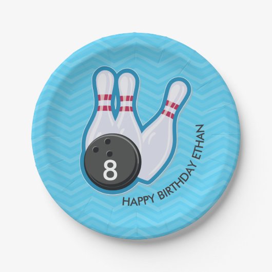Birthday Bowling Party Chevron Blue Bord (Voorkant)