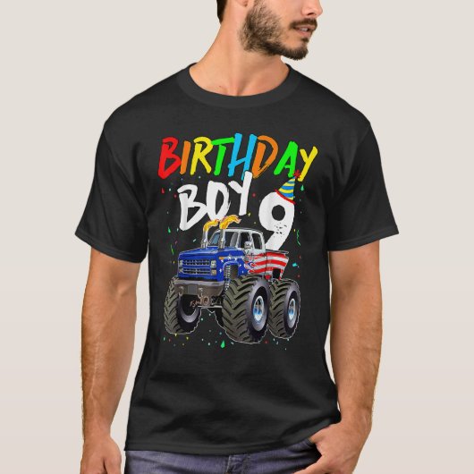 Birthday Boy 9 Year Old Monster Truck Flag 9th Bir T-shirt (Voorkant)