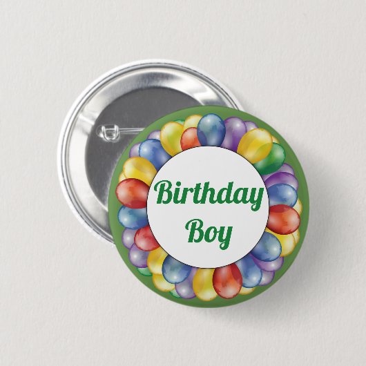 Birthday Boy Balloons Button Blue Yellow Green (Voorkant /achterkant)