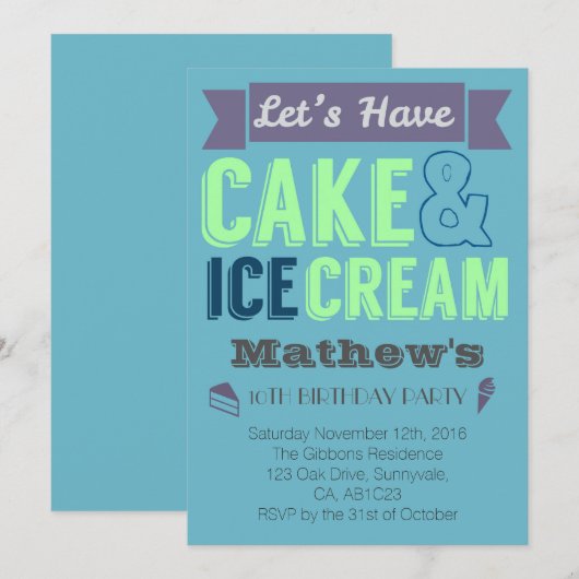 Birthday Boy Cake Ice crème Party Invitation Kaart (Voorkant / Achterkant)