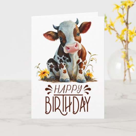 Birthday Boy Cute Koe Kaart (Gele Bloem)