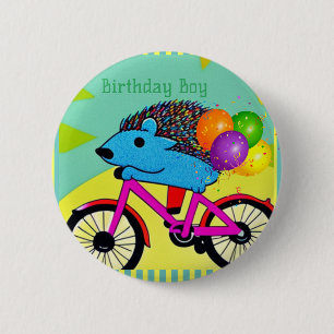 Birthday Boy Hedgel Riding Bicycle Balloons Ronde Button 5,7 Cm