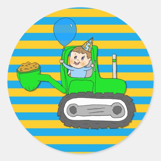 Birthday Boy met ballon in Tractor Ronde Sticker (Voorkant)