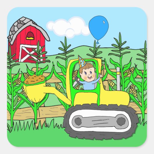 Birthday Boy met ballon in Tractor Vierkante Sticker (Voorkant)