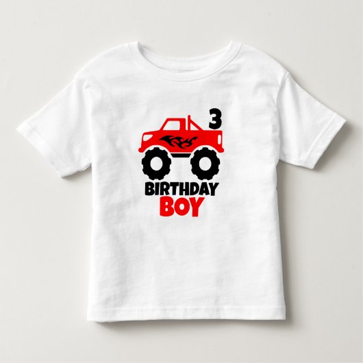 Birthday Boy Red Monster Truck in Leeftijd Kinder Shirts (Voorkant)