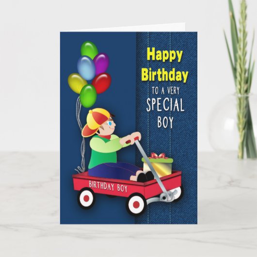Birthday Boy Red Wagon en ballonnen op Denim Card Kaart (Voorkant)
