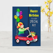 Birthday Boy Red Wagon en ballonnen op Denim Card Kaart (Gele Bloem)