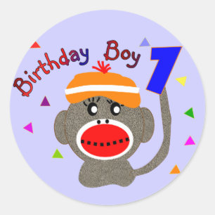 Birthday BOY Sock apen 1 jaar oud Ronde Sticker