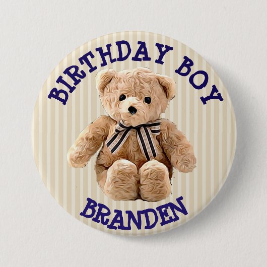 Birthday Boy Tan en Blue Teddy Bear Button (Voorkant)