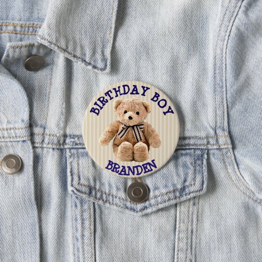 Birthday Boy Tan en Blue Teddy Bear Button (In situ)