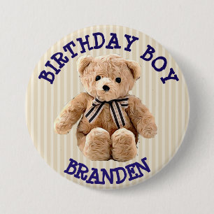 Birthday Boy Tan en Blue Teddy Bear Button