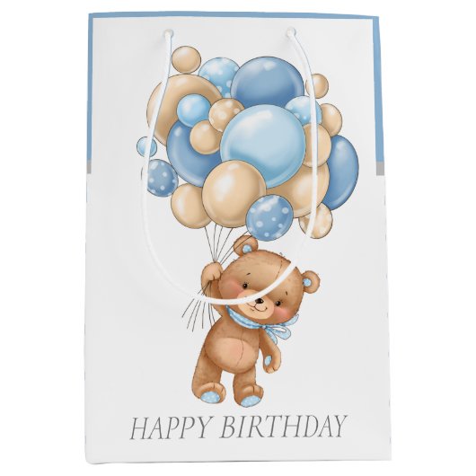 BIRTHDAY Boy Teddy BALLOONS gift Medium Cadeauzakje (Voorkant)