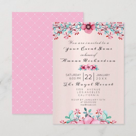 Birthday Bridal Floral Bohemia Eggplant Kraft Pink Kaart (Voorkant / Achterkant)