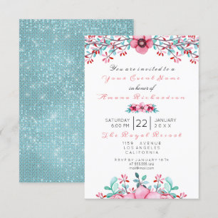 Birthday Bridal Floral Pink Bohemian Sparkly Aqua Kaart