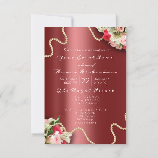 Birthday Bridal Floral roze Roses Burgundy Pearls Kaart (Voorkant)