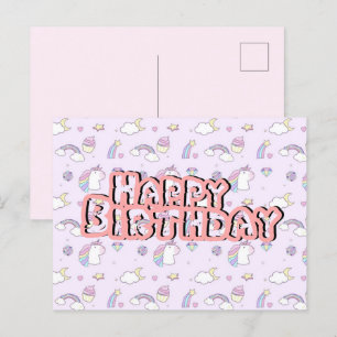 Birthday briefkaart schattige eenhoornroze