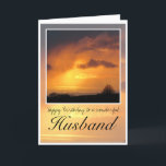 Birthday, Bright Sun Behind Dark Clouds. Kaart<br><div class="desc">Happy Birthday Husband,  deep orange sun glowing behind dark,  wispy rain clouds with black text saying,  'Happy Birthday to a wonderful husband'</div>