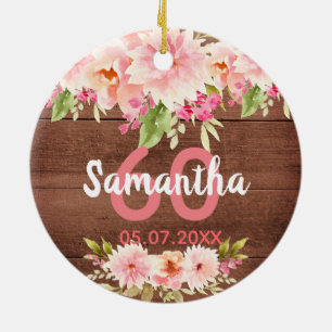 Birthday brown wood blush florals name keramisch ornament