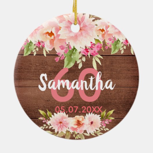 Birthday brown wood blush florals name keramisch ornament (Achterkant)
