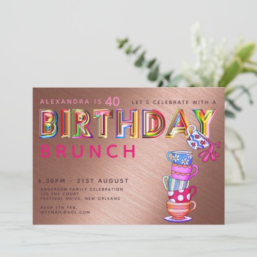BIRTHDAY BRUNCH Roos Gold - ELKE LEEFTIJD nodigt u Kaart (Staand voorkant)