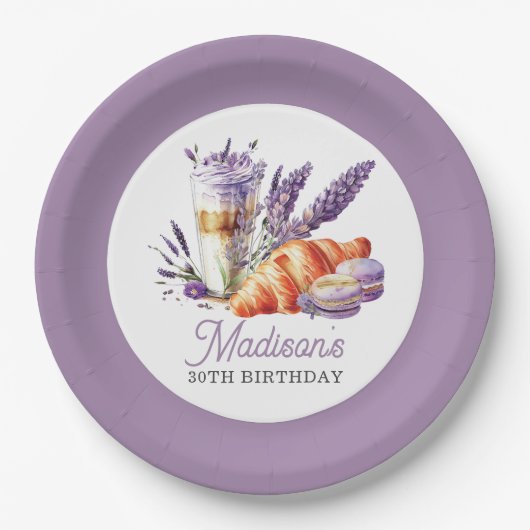 Birthday Brunch Waterverf Macarons en Croissant Papieren Bordje (Voorkant)