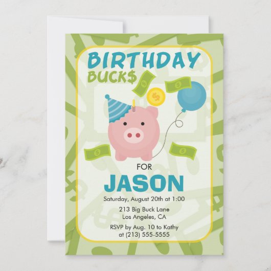 Birthday Bucks Piggy Bank Boy Party Invitation Kaart (Voorkant)