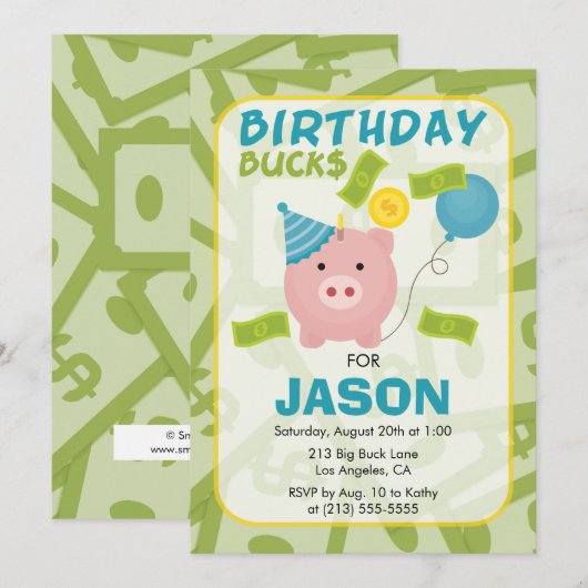 Birthday Bucks Piggy Bank Boy Party Invitation Kaart (Voorkant / Achterkant)