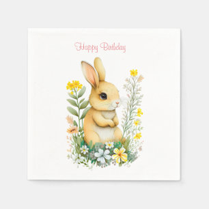 Birthday Bunny & Flowers op White Napkins Servet