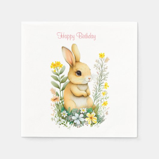 Birthday Bunny & Flowers op White Napkins Servet (Voorkant)
