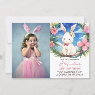 Birthday Bunny Girl Foto Cute Rabbit Pink Flowers Kaart