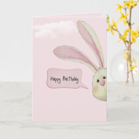 Birthday Bunny op roze Kaart (Gele Bloem)