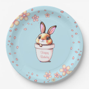 Birthday Bunny Plant Pot & Flowers op Light Blue Papieren Bordje