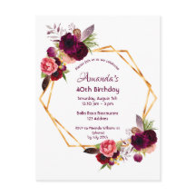 Birthday burgundy floral gold uitnodiging